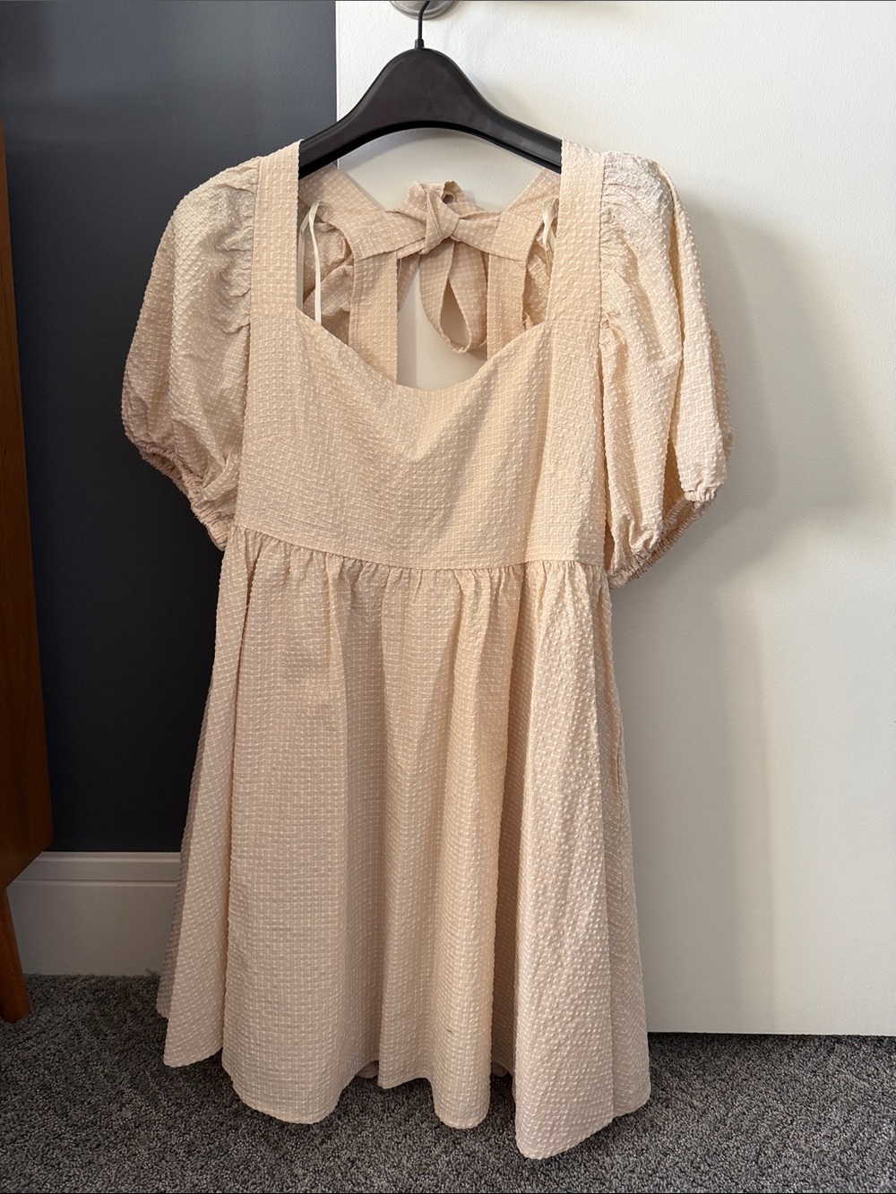 MABLE Puff-Sleeve Tie-Back Dress in Cream